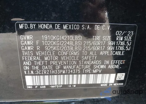2023 Honda Hr-V 2Wd Lx z USA, uszkodzony, nr VIN 3CZRZ1H33PM734375